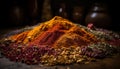 Variety of dried plants and spices create colorful spice store heap generated by AI
