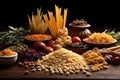 variety of dry pasta shapes on table