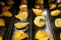 Variety of durian flesh meat in restaurantt for trial sampling