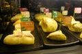 Variety of durian flesh meat in restaurantt for trial sampling