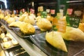 Variety of durian flesh meat in restaurantt for trial sampling
