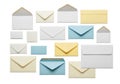 Collection of various colored and sized envelopes arranged on a white background Royalty Free Stock Photo