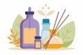 A variety of essential oils and a diffuser are displayed against a clean white backdrop with green leaves Essential Oils and Royalty Free Stock Photo