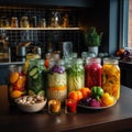 variety of fermented vegetables in transparent jars on a modern kitchen, trendy probiotic food.