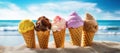 variety flavor colorful ice cream balls in waffle cones in beach sand on sea background.