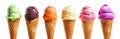 variety flavor colorful ice cream balls in waffle cones on transparent background