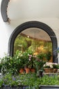 A variety of flowers in pots in front of a large arched window