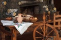 Variety of Food Ingredients for Bread Baking Along With Retro Spinning Wheel Placed on Table in Countryside Environment Royalty Free Stock Photo