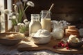 Variety of French delicacies on wooden table. Fresh dairy products Royalty Free Stock Photo