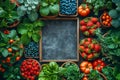 Variety of fresh berries and herbs around an empty chalkboard, top view