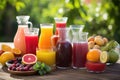 Variety of fresh fruit juices in glass jars on wooden table outdoors, A collection of assorted juices in glass pitchers on a Royalty Free Stock Photo