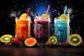 Variety of fresh fruit juices in glasses with splashes on dark background, Fruit smoothies in glass with colorful splashes. Mixed Royalty Free Stock Photo