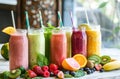 Variety of Fresh Fruit Smoothies Served on a Wooden Table Royalty Free Stock Photo