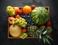 Variety of fresh fruits and berries in wooden box. Healthy vegetarian summer food Royalty Free Stock Photo