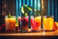 Variety of fresh fruits juices in glasses on wooden table, copy space. Well-being, balanced diet nutrient-rich and vitamins.