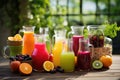 Variety of fresh fruits and vegetables juices in glass bottles on wooden table, A collection of assorted juices in glass pitchers Royalty Free Stock Photo