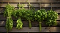 Variety of fresh herbs on rustic wood backdrop, captured with a canon eos rp using f4 aperture