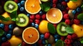 Variety of fresh juicy tropical fruits background. Splash of vitamins. Healthy and tasty diet. Generative AI Royalty Free Stock Photo