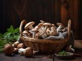 Variety of fresh mushrooms in a wicker basket, rustic style