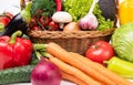 Variety of fresh organic ripe vitamin vegetables and leafy greens in basket close view Royalty Free Stock Photo