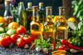 Variety of Fresh Organic Vegetables, Herbs, and Olive Oil Bottles on Rustic Table, Healthy Mediterranean Diet Ingredients Concept Royalty Free Stock Photo