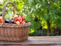 Variety of fresh organic vegetables and herbs in wicker basket. Blurred green nature at the background