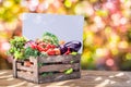 Variety of fresh organic vegetables and herbs in wooden crate. Blurred colorful autumn background. Empty blank for your text,