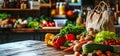 variety of fresh organic vegetables on wooden table on local farmers groceries store background. copy space Royalty Free Stock Photo