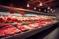 Variety of fresh raw red meat in supermarket, Different cuts of prime meat cuts on display in a grocery store meat counter Royalty Free Stock Photo