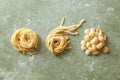 Variety of fresh raw uncooked homemade pasta