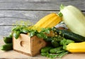 Variety of fresh spring and summer vegetables: cucumber, basil, zucchini, dill on rustic wooden background Royalty Free Stock Photo