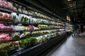 Variety of fresh vegetables and fruits on the shelf in a grocery store supermarket Royalty Free Stock Photo