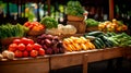 A variety of fresh vegetables for sale at a local market. Stacked tables filled with fresh organic locally grown produce Royalty Free Stock Photo