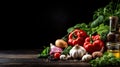 Variety of fresh vegetables and spices on wooden background, copy space.AI Generated Royalty Free Stock Photo