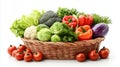 Variety of fresh vegetables in a woven basket with tomatoes Royalty Free Stock Photo