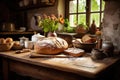A variety of freshly baked bread loaves displayed on a wooden table ready for purchase, Cozy country kitchen with fresh bread