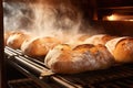 A variety of freshly baked bread loaves neatly arranged on a metal rack in a local bakery shop, fresh bread in bakery oven, AI