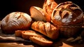 A variety of freshly baked bread on a wooden bakery table.