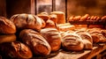 A variety of freshly baked bread on a wooden bakery table.