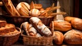 A variety of freshly baked bread on a wooden bakery table.