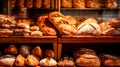 A variety of freshly baked bread on a wooden bakery table.