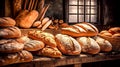 A variety of freshly baked bread on a wooden bakery table.