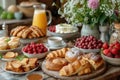 A variety of freshly baked pastries are beautifully arranged on a breakfast table