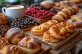 A variety of freshly baked pastries are beautifully arranged on a breakfast table