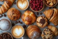 A variety of freshly baked pastries are beautifully arranged on a breakfast table