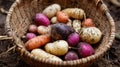 Variety of freshly harvested root vegetables in a woven basket. Labor Royalty Free Stock Photo