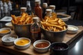 variety of fries and sauces, including sweet potato and truffle oil Royalty Free Stock Photo