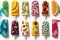 Variety of frozen fruit popsicles in the summertime, isolated on a white backdrop Royalty Free Stock Photo