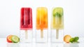 Variety of frozen fruit popsicles in the summertime, isolated on a white backdrop. Royalty Free Stock Photo