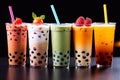 Variety of fruit cocktails, popular bubble tea, chocolate fruit flavor Royalty Free Stock Photo